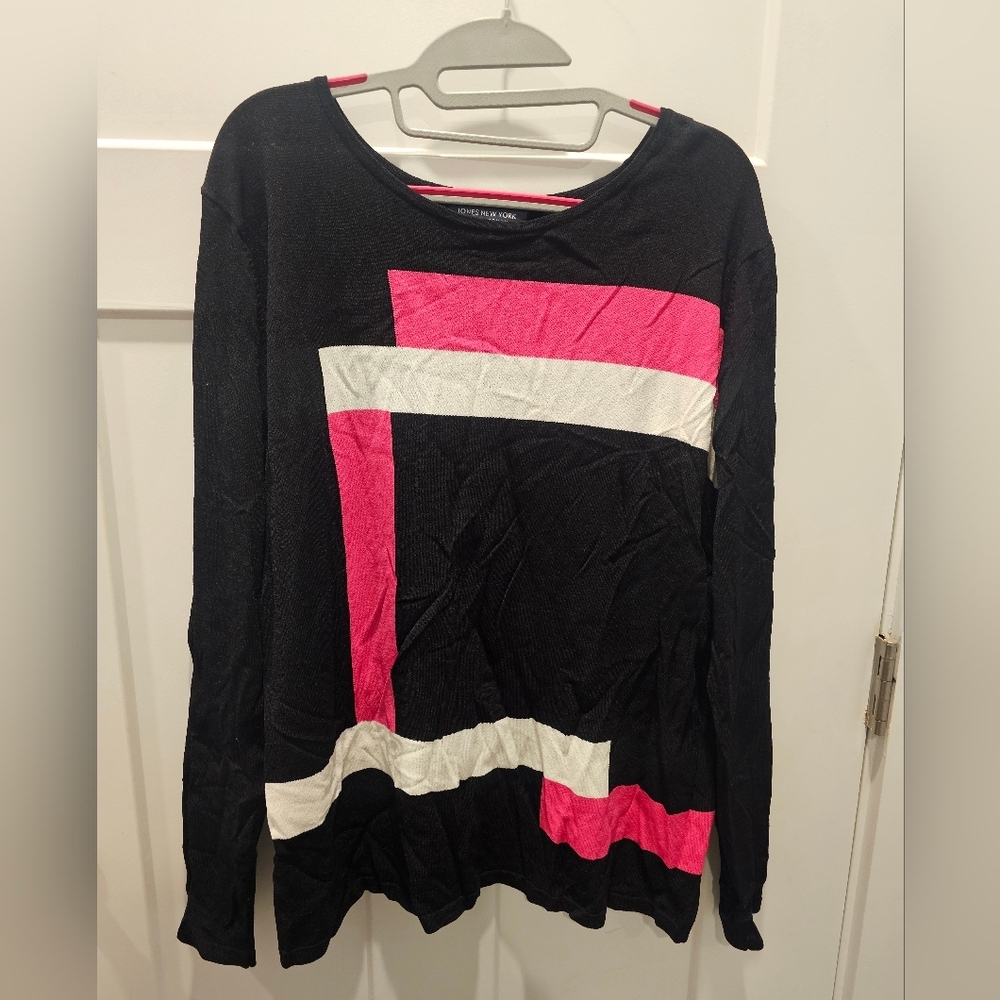 Jones New York Signature Woman 2X Colorblock Long Sleeve Top Black Pink White